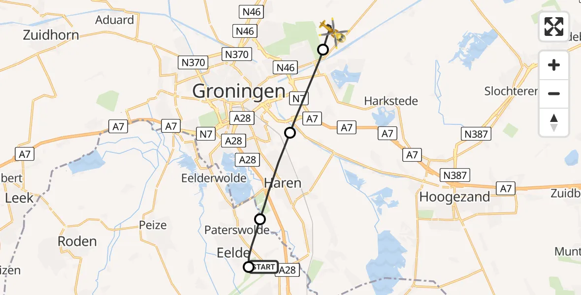 Vluchtroute Traumahelikopter Groningen Airport Eelde - Garmerwolde, 12 juli 2026, 03:42