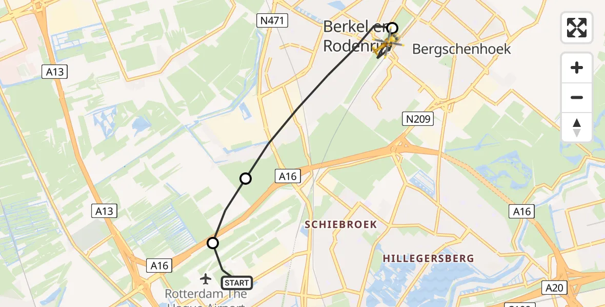 Vluchtroute Traumahelikopter Rotterdam The Hague Airport - Bergschenhoek, 12 juli 2026, 07:33
