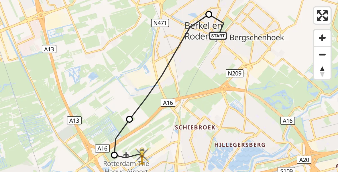 Vluchtroute Traumahelikopter Bergschenhoek - Rotterdam The Hague Airport, 12 juli 2026, 08:01