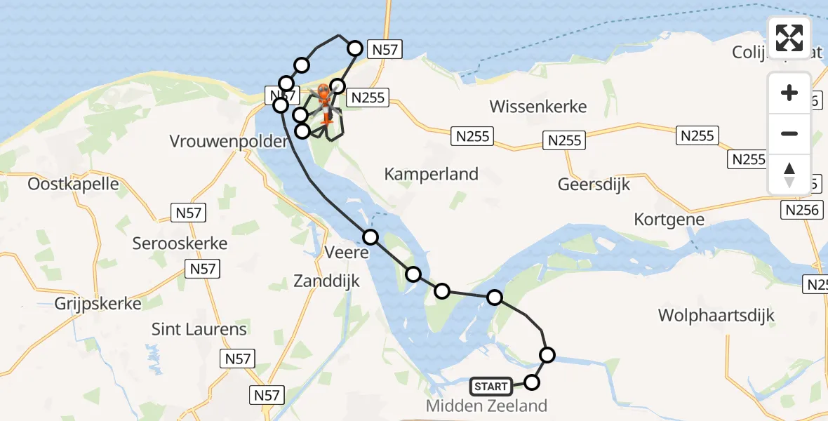 Vluchtroute Kustwachthelikopter Vliegveld Midden-Zeeland - Kamperland, 12 juli 2026, 12:57