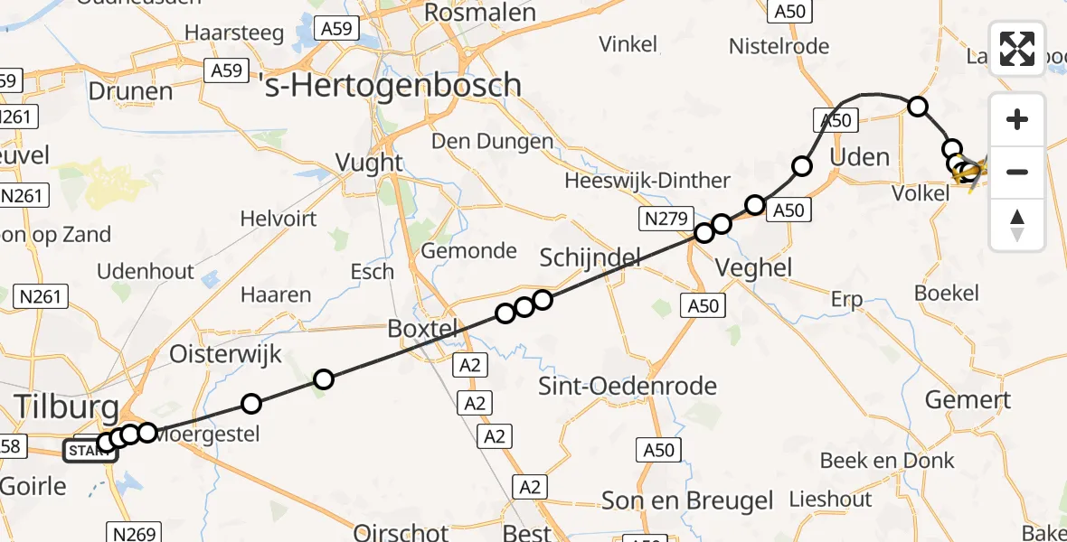 Vluchtroute Traumahelikopter St. Elisabeth Hospital Heliport - Vliegbasis Volkel, 12 juli 2026, 13:12