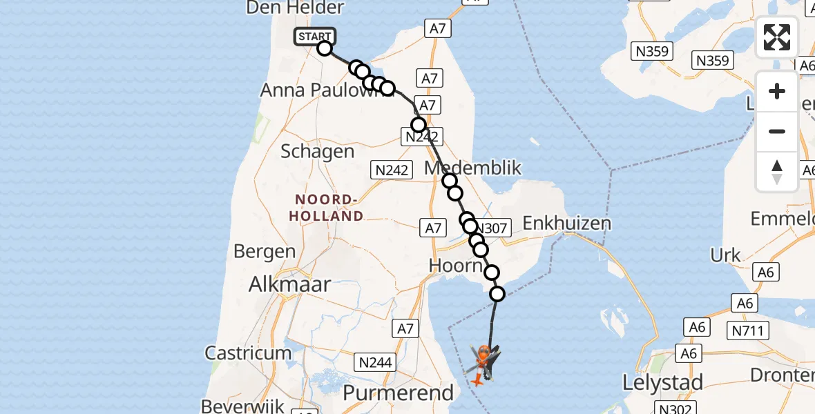 Vluchtroute Kustwachthelikopter Den Helder - Markermeer, 12 juli 2026, 13:39