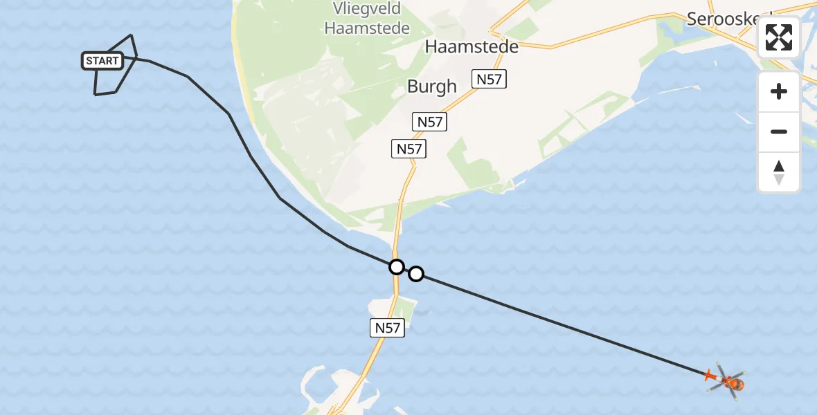Vluchtroute Kustwachthelikopter Noordzee - Oosterschelde, 12 juli 2026, 13:45