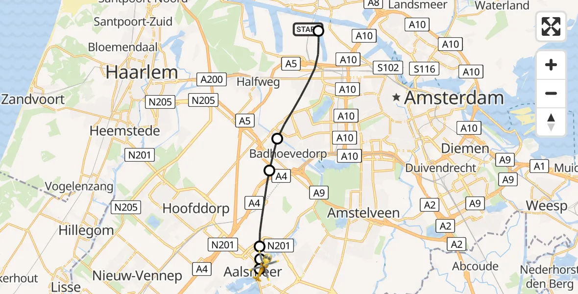 Vluchtroute Traumahelikopter Amsterdam Heliport - Aalsmeer, 12 juli 2026, 13:45