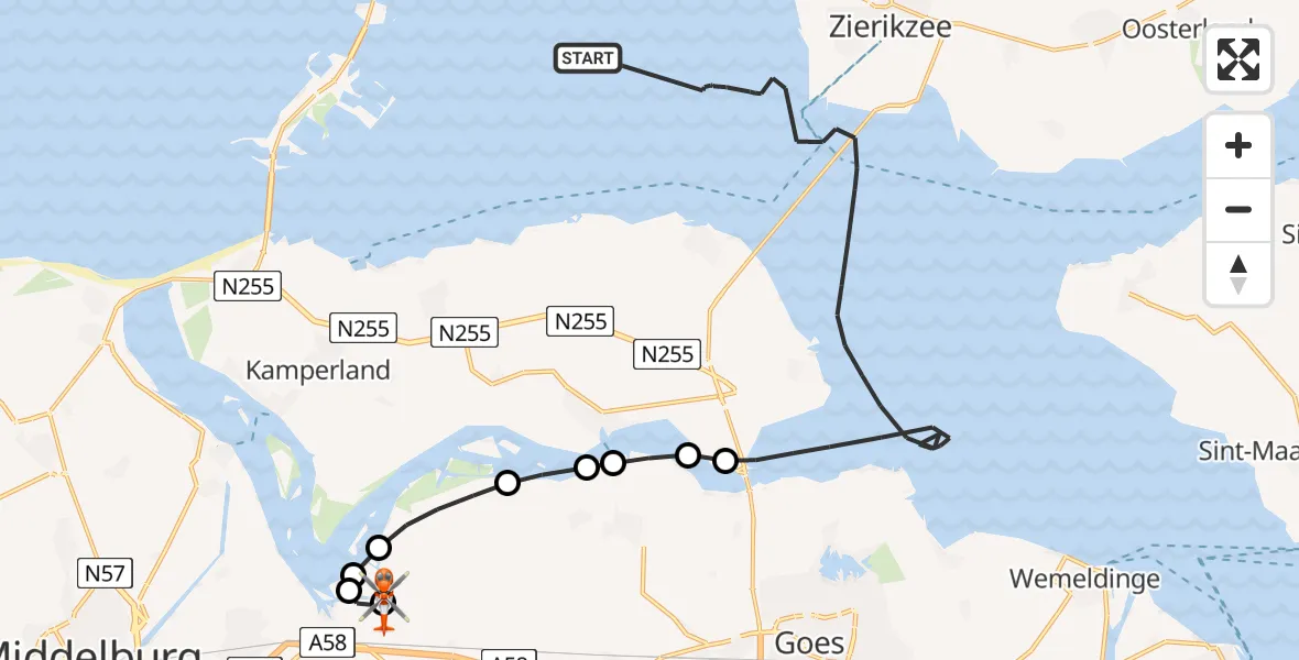 Vluchtroute Kustwachthelikopter Oosterschelde - Vliegveld Midden-Zeeland, 12 juli 2026, 13:58