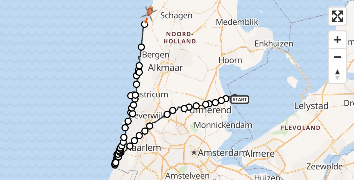 Vluchtroute Kustwachthelikopter Markermeer - Petten, 12 juli 2026, 13:58