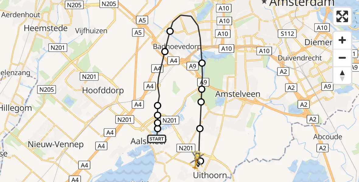 Vluchtroute Traumahelikopter Aalsmeer - Uithoorn, 12 juli 2026, 14:10