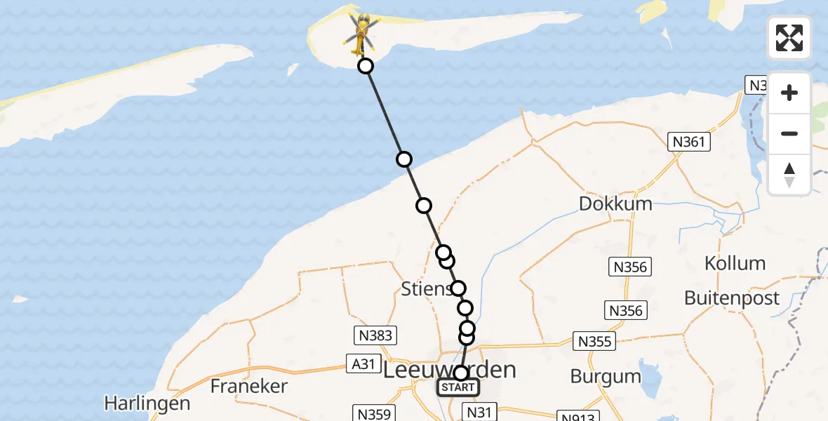 Vluchtroute Ambulancehelikopter Leeuwarden Medical Center Heliport - Ameland Vliegveld Ballum, 12 juli 2026, 15:00