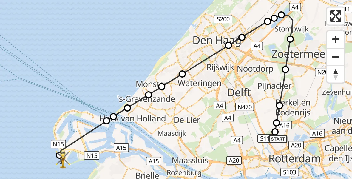 Vluchtroute Traumahelikopter Rotterdam The Hague Airport - Noordzee, 12 juli 2026, 15:27