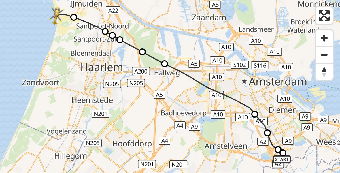 Vluchtroute Traumahelikopter Amsterdam UMC Helipad - IJmuiden, 12 juli 2026, 15:36
