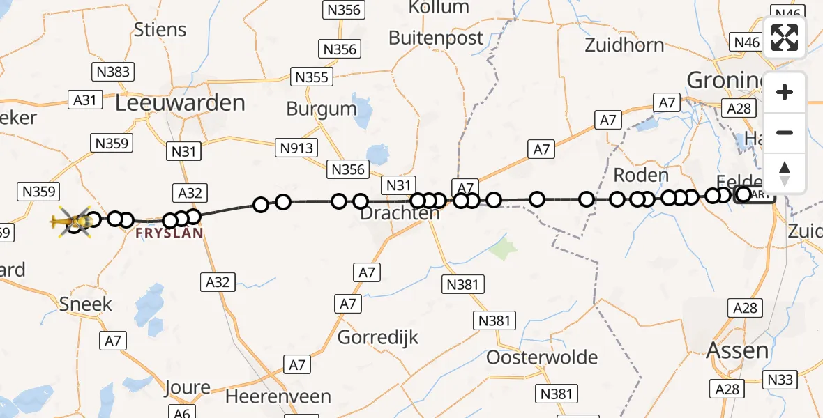 Vluchtroute Traumahelikopter Groningen Airport Eelde - Itens, 12 juli 2026, 16:14