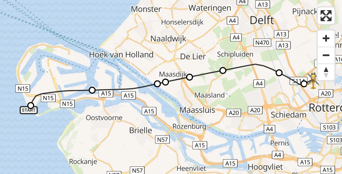 Vluchtroute Traumahelikopter Noordzee - Rotterdam The Hague Airport, 12 juli 2026, 16:22
