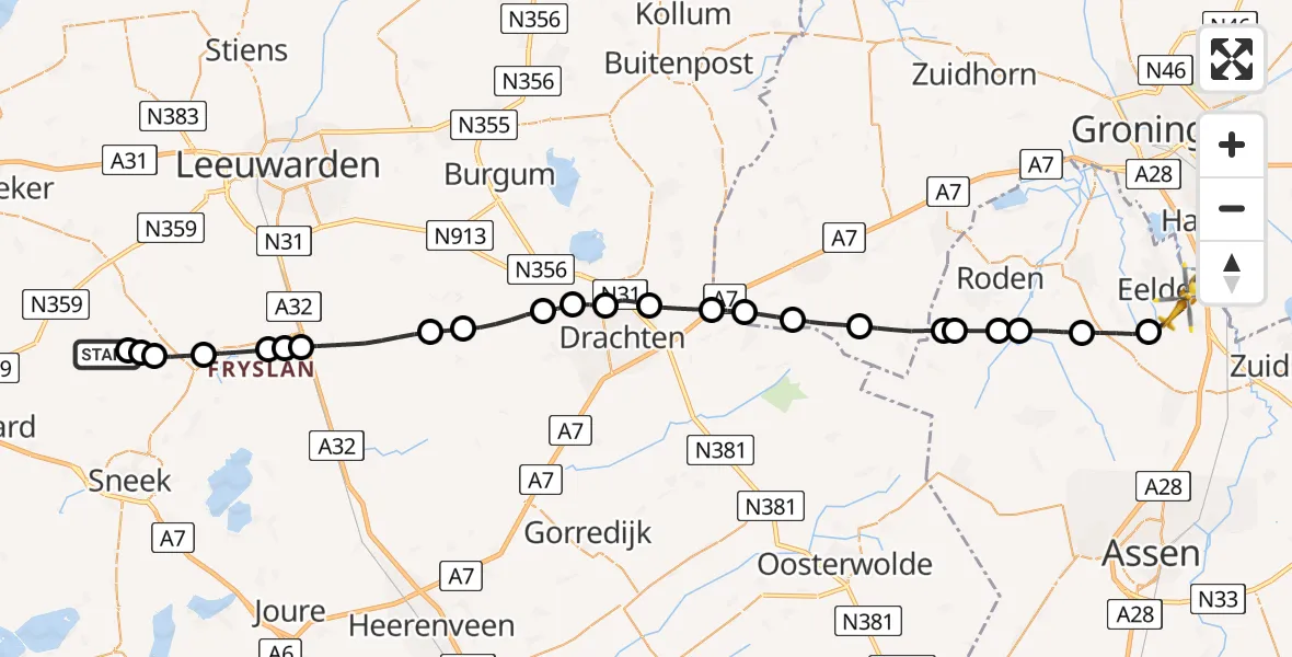 Vluchtroute Traumahelikopter Itens - Groningen Airport Eelde, 12 juli 2026, 16:44