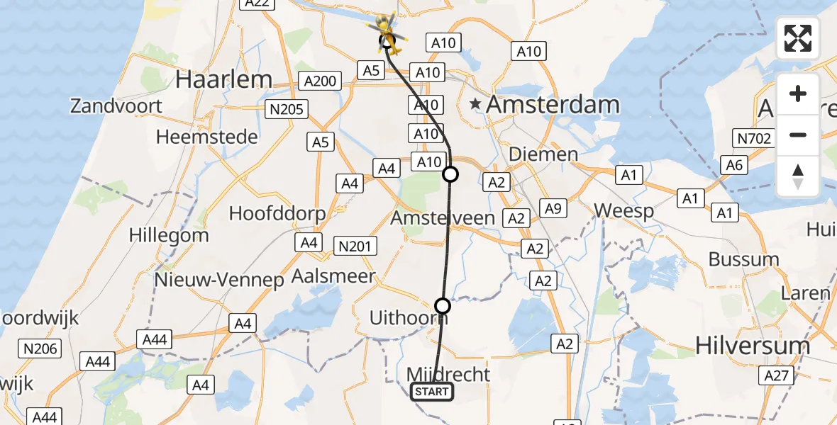 Vluchtroute Traumahelikopter Mijdrecht - Amsterdam Heliport, 12 juli 2026, 17:45