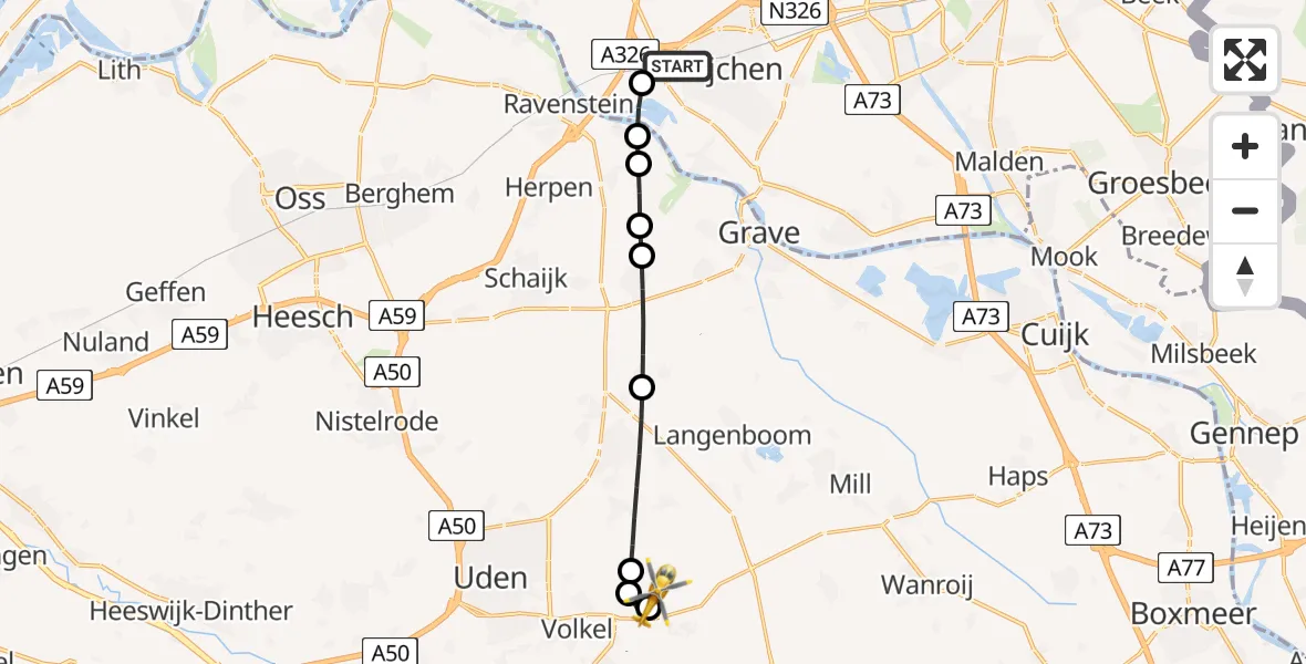 Vluchtroute Traumahelikopter Wijchen - Vliegbasis Volkel, 12 juli 2026, 18:08
