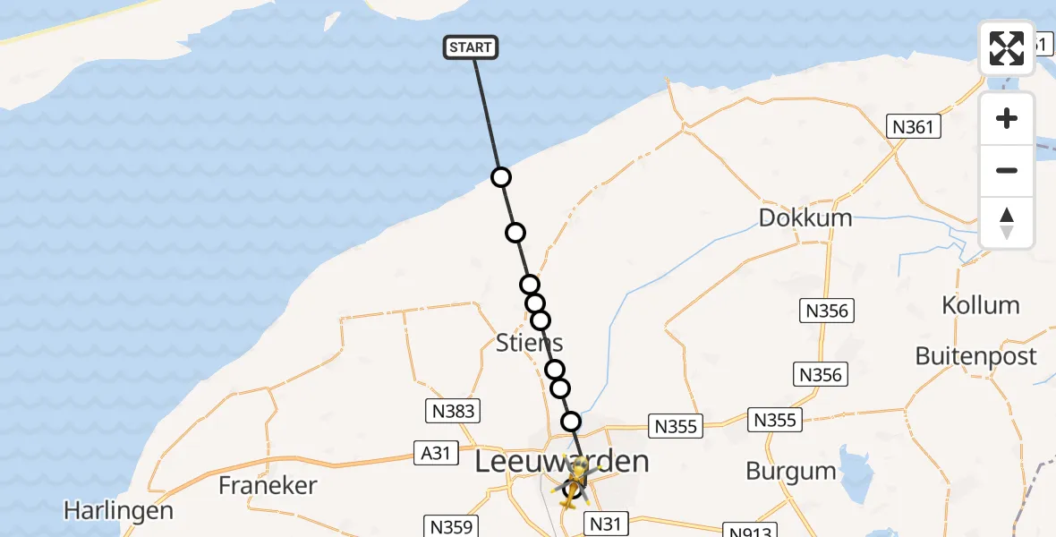 Vluchtroute Ambulancehelikopter Waddenzee - Leeuwarden Medical Center Heliport, 12 juli 2026, 19:09
