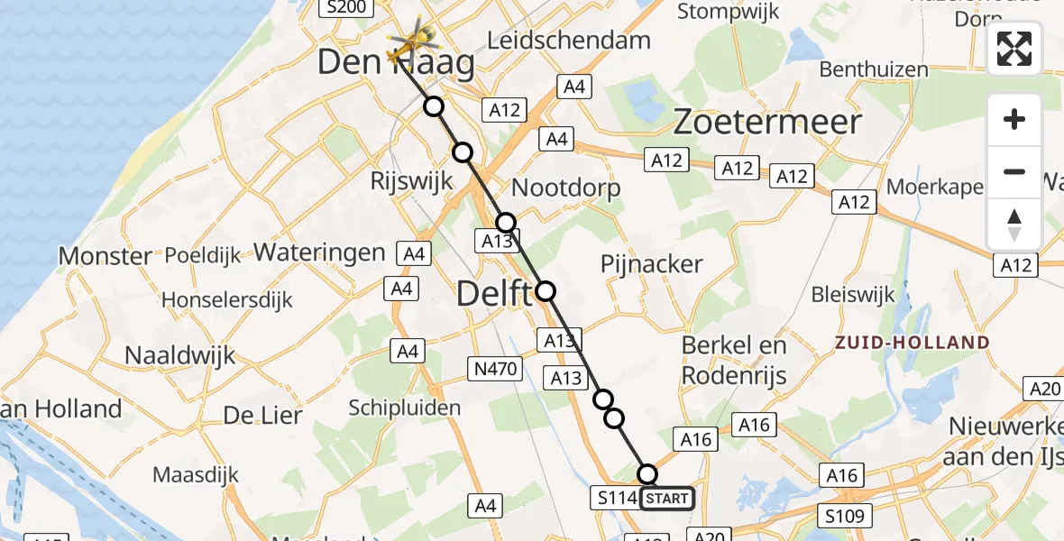 Vluchtroute Traumahelikopter Rotterdam The Hague Airport - 's-Gravenhage, 12 juli 2026, 19:49