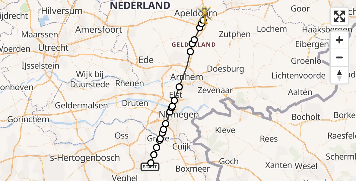 Vluchtroute Traumahelikopter Vliegbasis Volkel - Apeldoorn, 12 juli 2026, 20:04