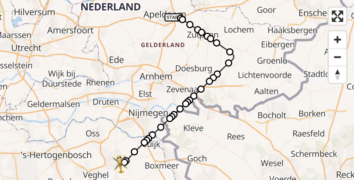 Vluchtroute Traumahelikopter Apeldoorn - Vliegbasis Volkel, 12 juli 2026, 20:35