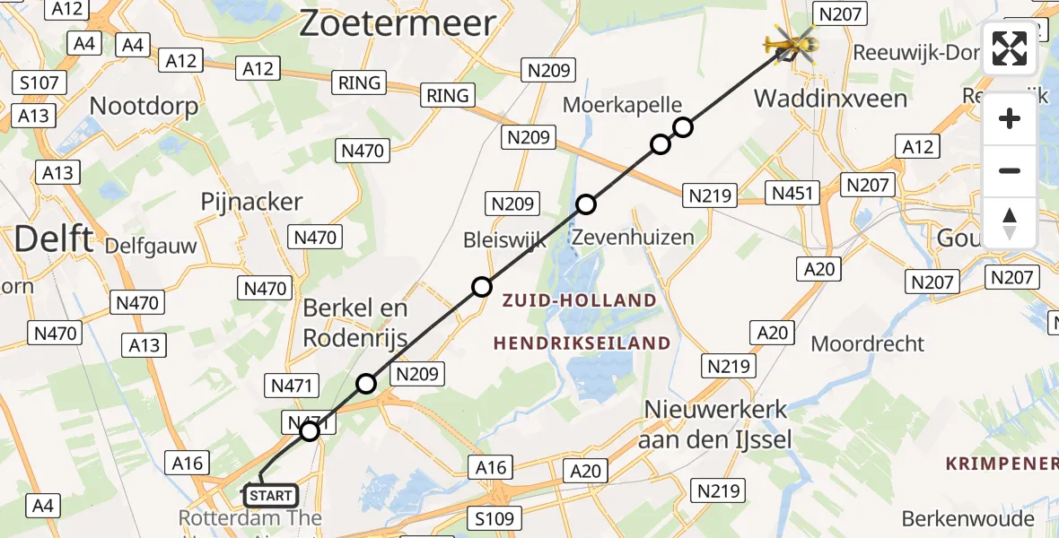Vluchtroute Traumahelikopter Rotterdam The Hague Airport - Waddinxveen, 12 juli 2026, 21:56