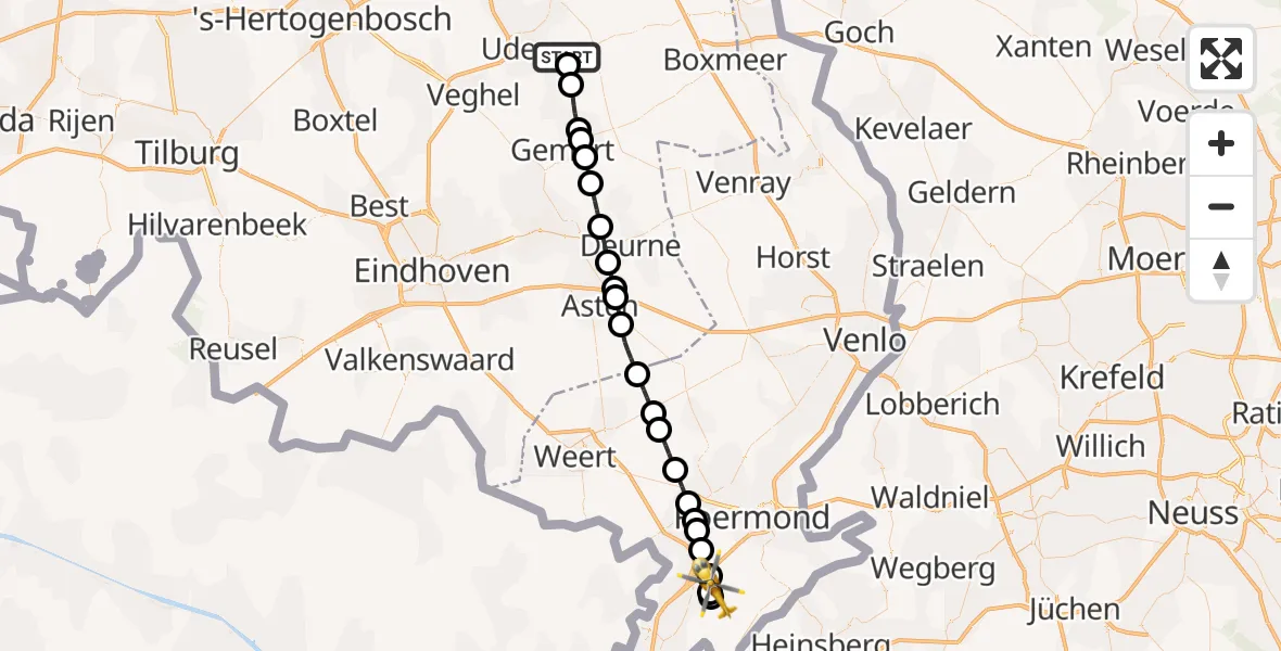 Vluchtroute Traumahelikopter Vliegbasis Volkel - Montfort, 12 juli 2026, 22:35