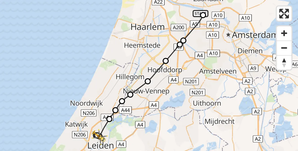 Vluchtroute Traumahelikopter Amsterdam Heliport - Leiden, 12 juli 2026, 22:50