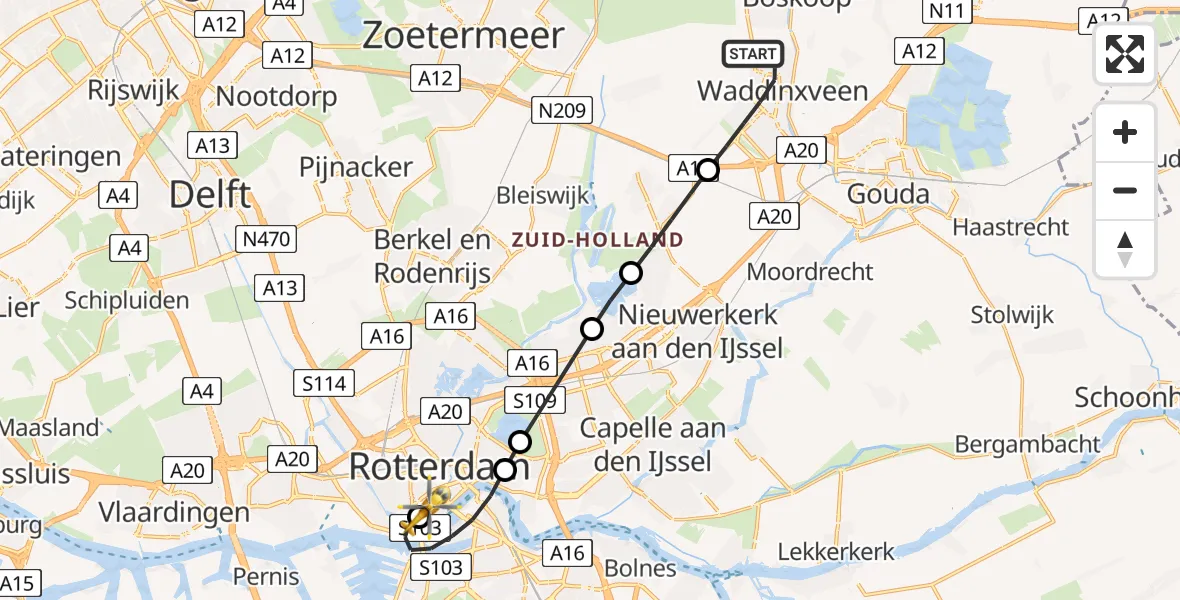 Vluchtroute Traumahelikopter Waddinxveen - Erasmus MC, 12 juli 2026, 23:11