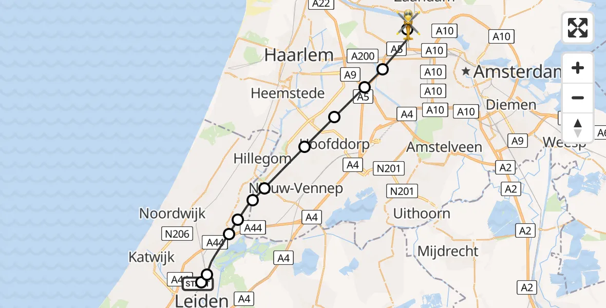 Vluchtroute Traumahelikopter Leiden - Amsterdam Heliport, 12 juli 2026, 23:19