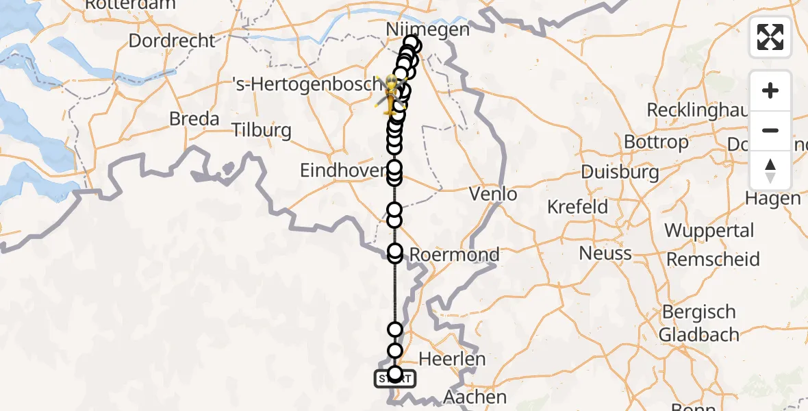 Vluchtroute Traumahelikopter Maastricht UMC+ - Vliegbasis Volkel, 13 juli 2026, 00:27