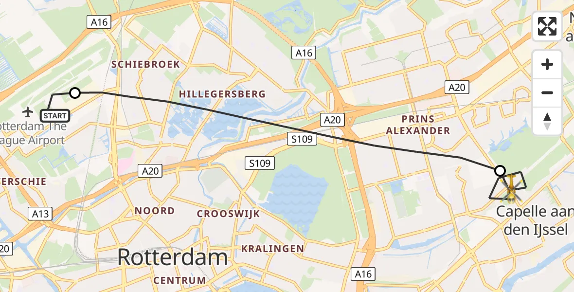 Vluchtroute Traumahelikopter Rotterdam The Hague Airport - Capelle aan den IJssel, 13 juli 2026, 05:25
