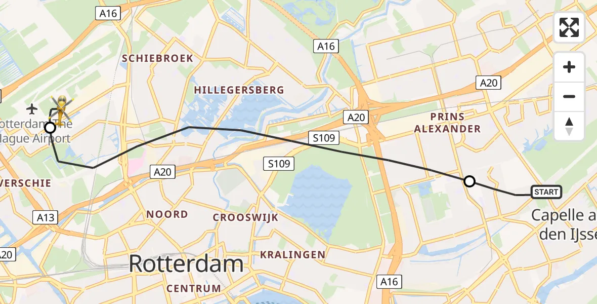 Vluchtroute Traumahelikopter Capelle aan den IJssel - Rotterdam The Hague Airport, 13 juli 2026, 05:47