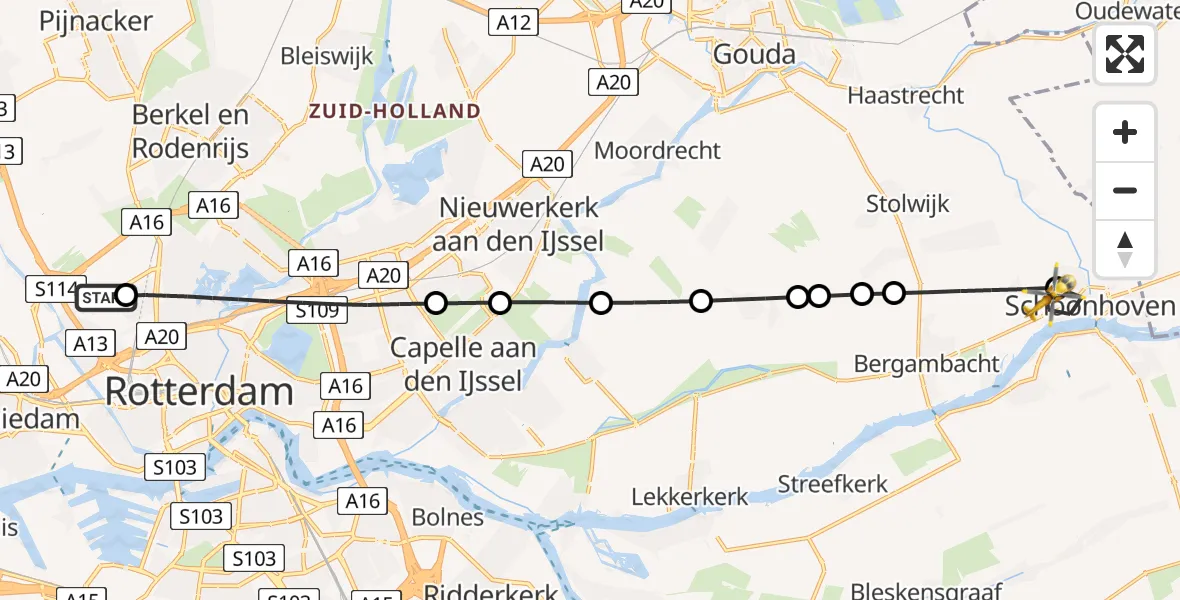 Vluchtroute Traumahelikopter Rotterdam The Hague Airport - Schoonhoven, 13 juli 2026, 06:18