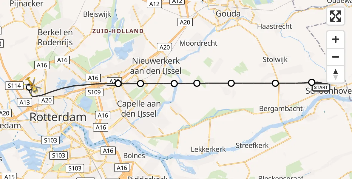 Vluchtroute Traumahelikopter Schoonhoven - Rotterdam The Hague Airport, 13 juli 2026, 06:56