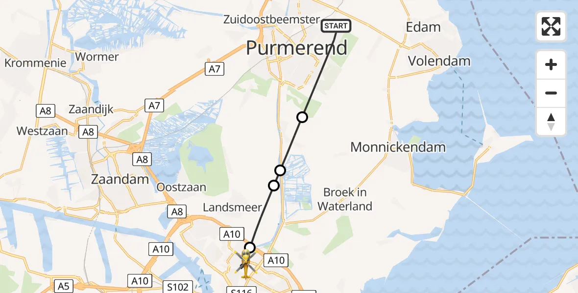 Vluchtroute Traumahelikopter Purmerend - Amsterdam, 13 juli 2026, 07:28
