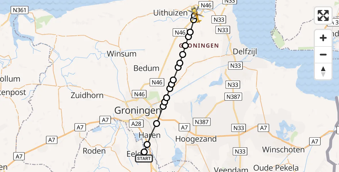 Vluchtroute Traumahelikopter Groningen Airport Eelde - Oosternieland, 13 juli 2026, 07:53