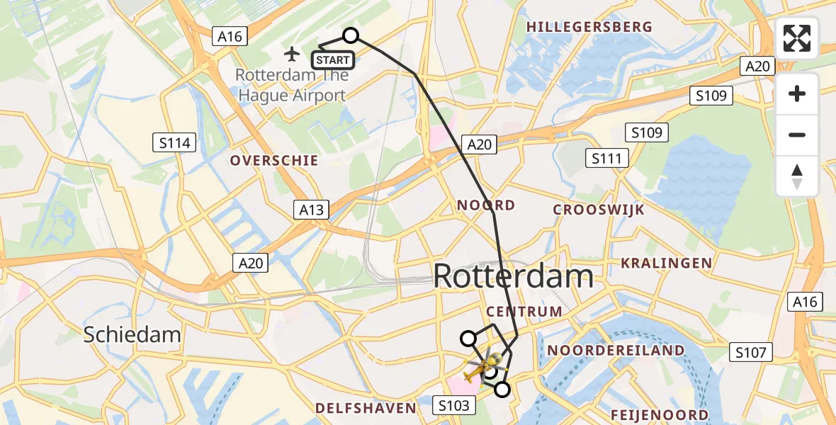 Vluchtroute Traumahelikopter Rotterdam The Hague Airport - Erasmus Medisch Centrum Heliport, 13 juli 2026, 08:01