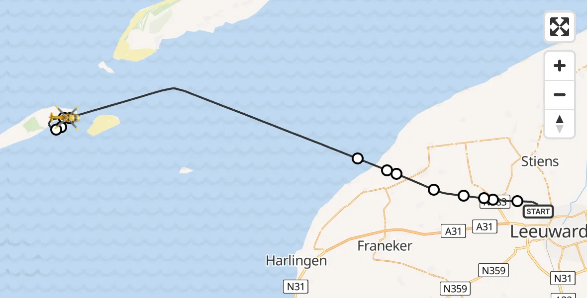 Vluchtroute Ambulancehelikopter Vliegbasis Leeuwarden - Vlieland Heliport, 13 juli 2026, 08:14