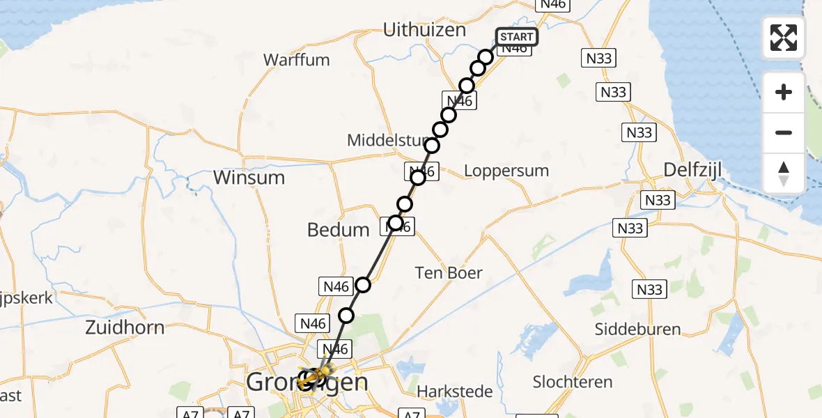 Vluchtroute Traumahelikopter Oosternieland - Universitair Medisch Centrum Groningen, 13 juli 2026, 09:04