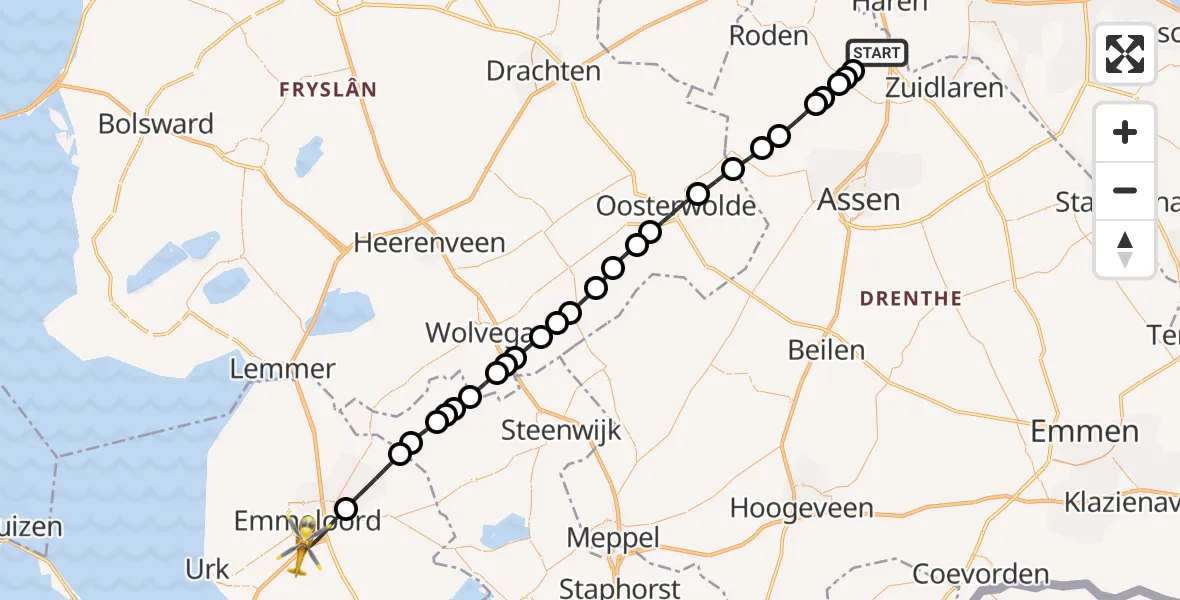 Vluchtroute Traumahelikopter Groningen Airport Eelde - Emmeloord, 13 juli 2026, 10:02