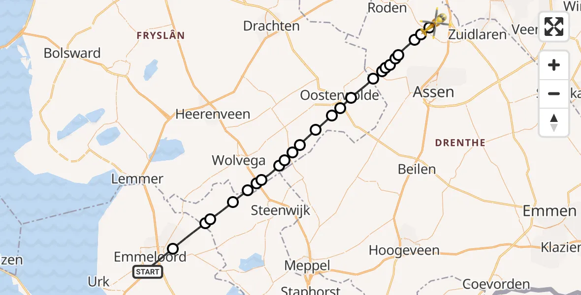 Vluchtroute Traumahelikopter Emmeloord - Groningen Airport Eelde, 13 juli 2026, 10:44