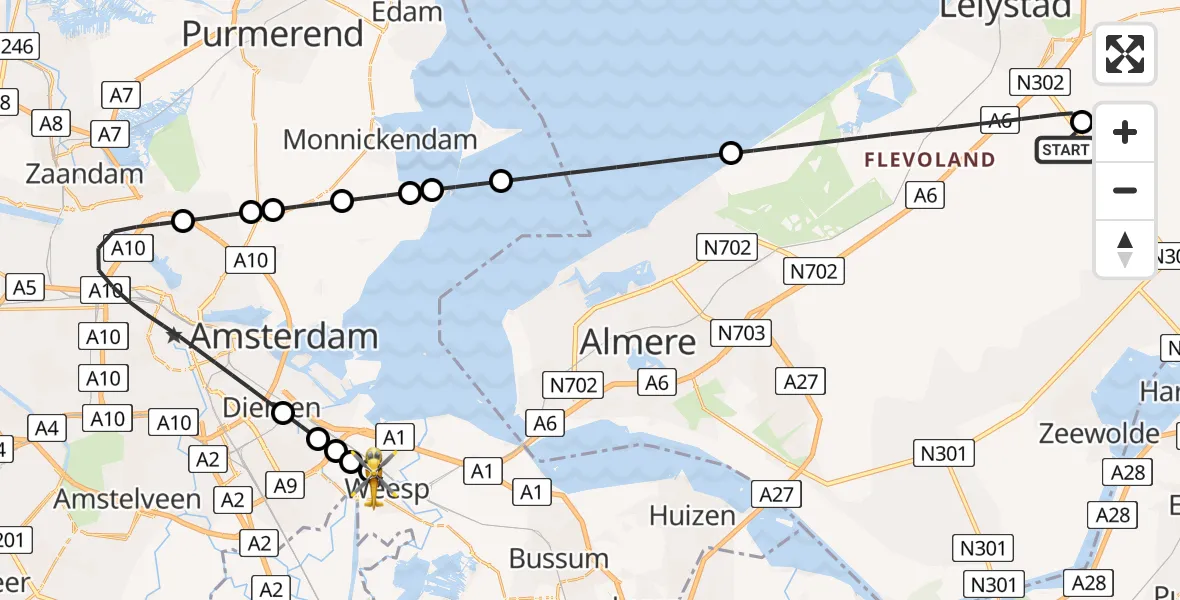 Vluchtroute Traumahelikopter Lelystad Airport - Weesp, 13 juli 2026, 13:29
