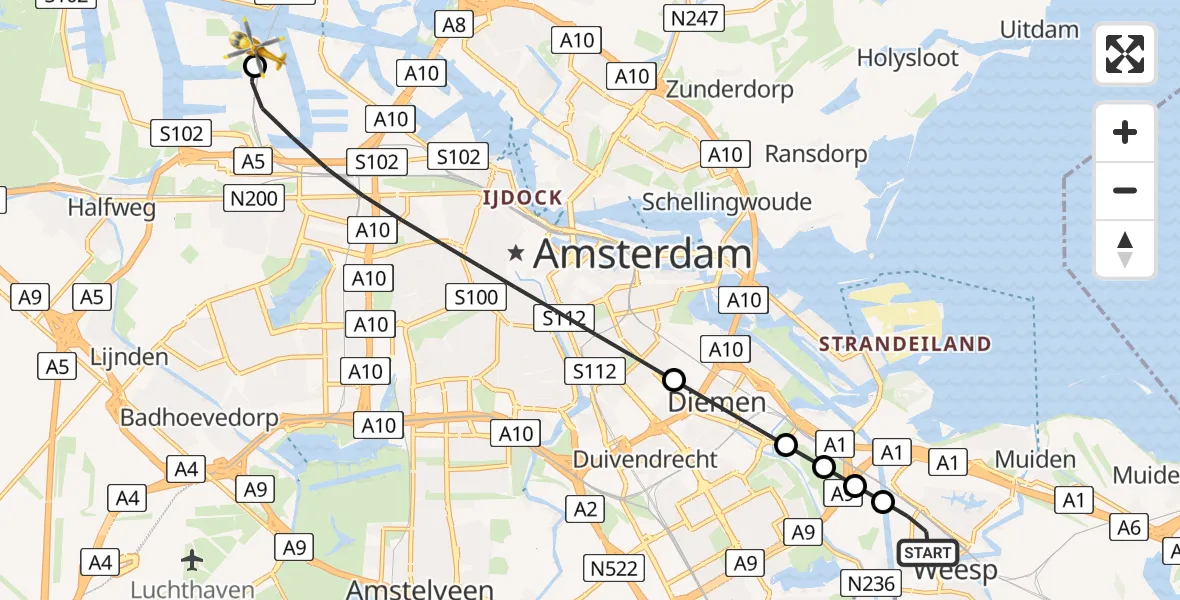 Vluchtroute Traumahelikopter Weesp - Amsterdam Heliport, 13 juli 2026, 14:03
