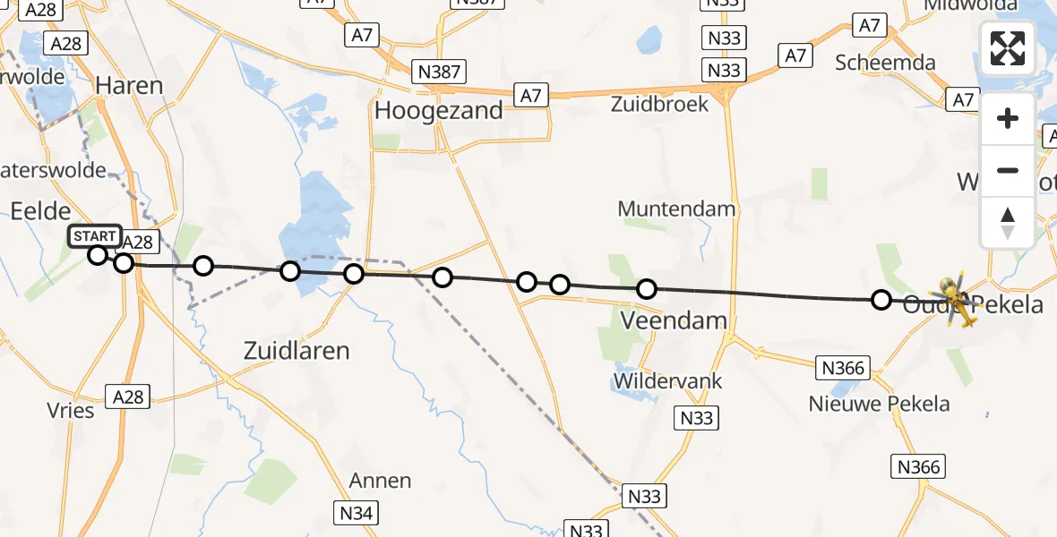 Vluchtroute Traumahelikopter Groningen Airport Eelde - Oude Pekela, 13 juli 2026, 14:15