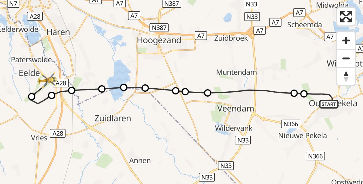 Vluchtroute Traumahelikopter Oude Pekela - Groningen Airport Eelde, 13 juli 2026, 15:24