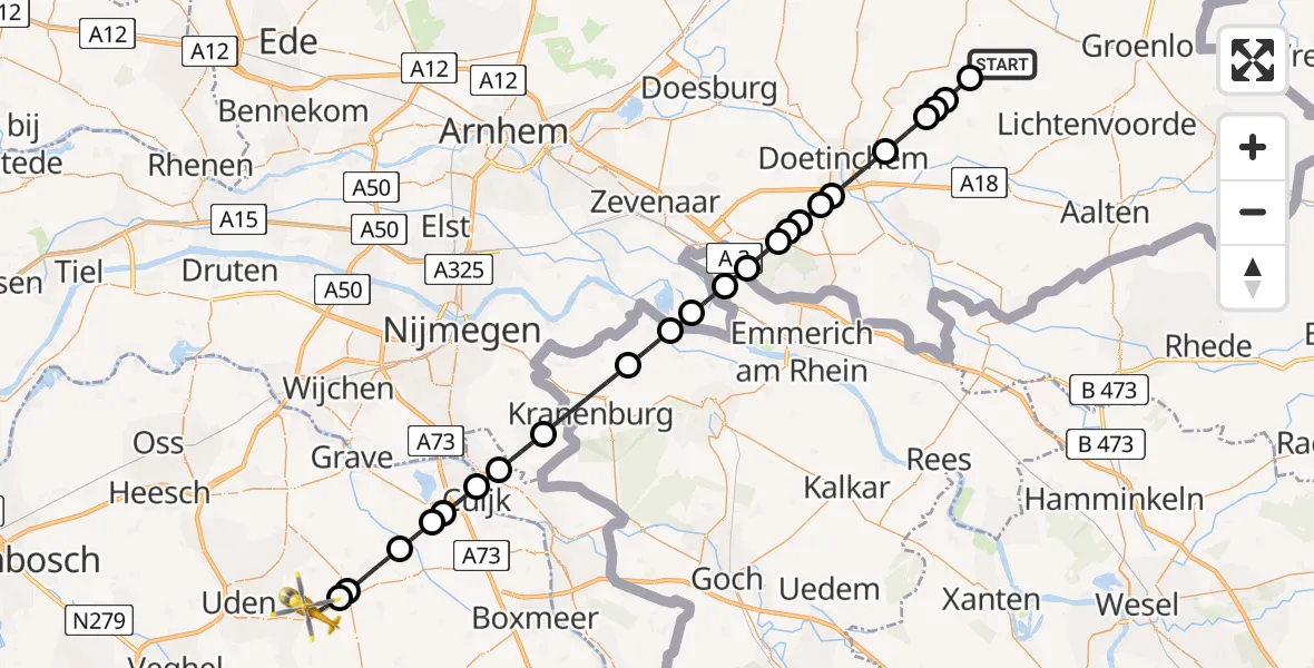 Vluchtroute Traumahelikopter Ruurlo - Vliegbasis Volkel, 13 juli 2026, 16:40