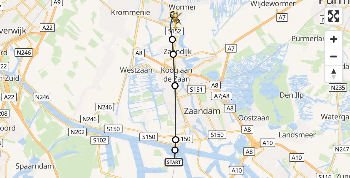 Vluchtroute Traumahelikopter Amsterdam Heliport - Wormer, 13 juli 2026, 16:53