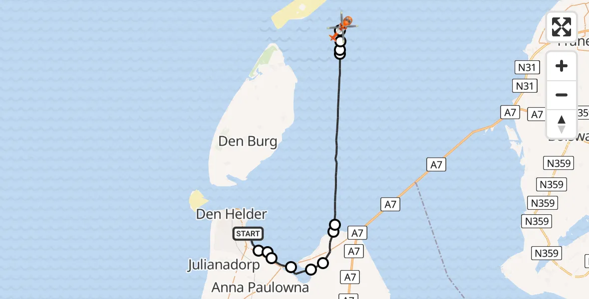 Vluchtroute Kustwachthelikopter Den Helder - Waddenzee, 13 juli 2026, 17:19