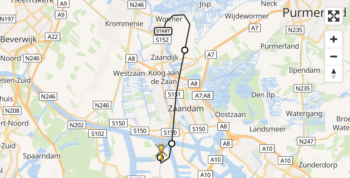 Vluchtroute Traumahelikopter Wormer - Amsterdam Heliport, 13 juli 2026, 17:30