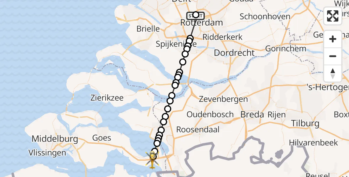 Vluchtroute Traumahelikopter Rotterdam The Hague Airport - Rilland, 13 juli 2026, 18:30