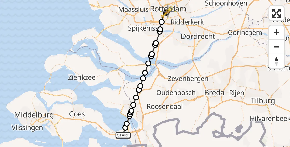 Vluchtroute Traumahelikopter Rilland - Erasmus MC, 13 juli 2026, 19:26